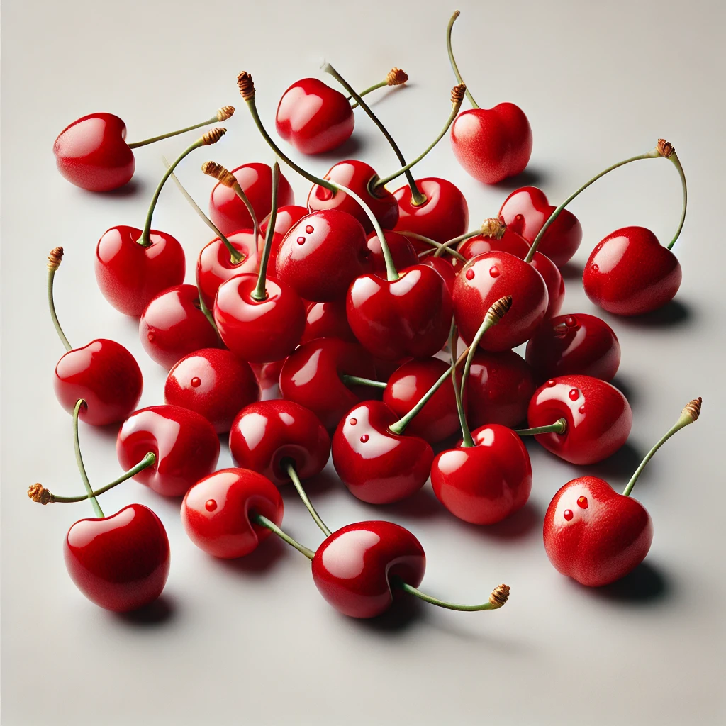 DALL·E 2024-08-26 15.50.42 - A collection of fresh, red Chilean cherries with their stems, placed against a plain white background. The cherries should appear vibrant, shiny, and