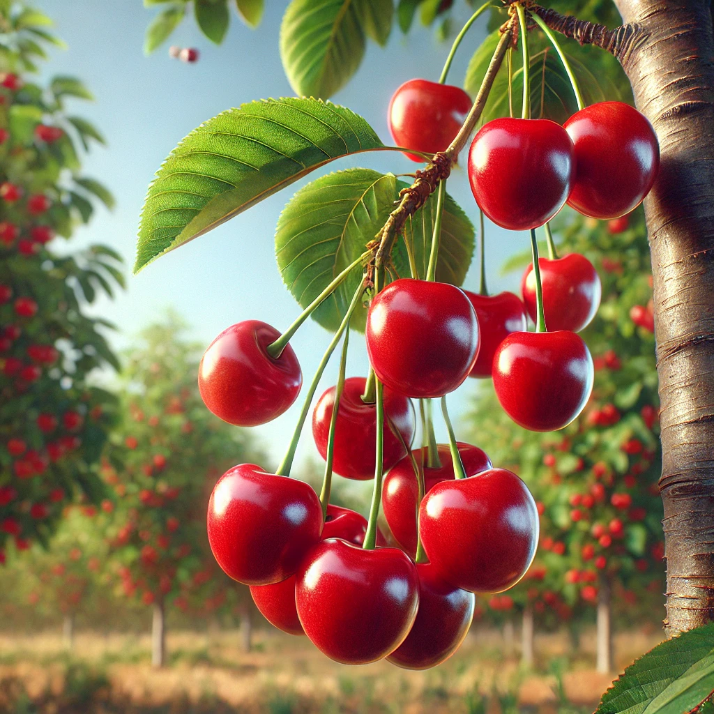 DALL·E 2024-08-26 15.58.50 - A highly realistic image of ripe red cherries growing on the tree in an orchard. The cherries should be shown in natural sunlight, with detailed textu