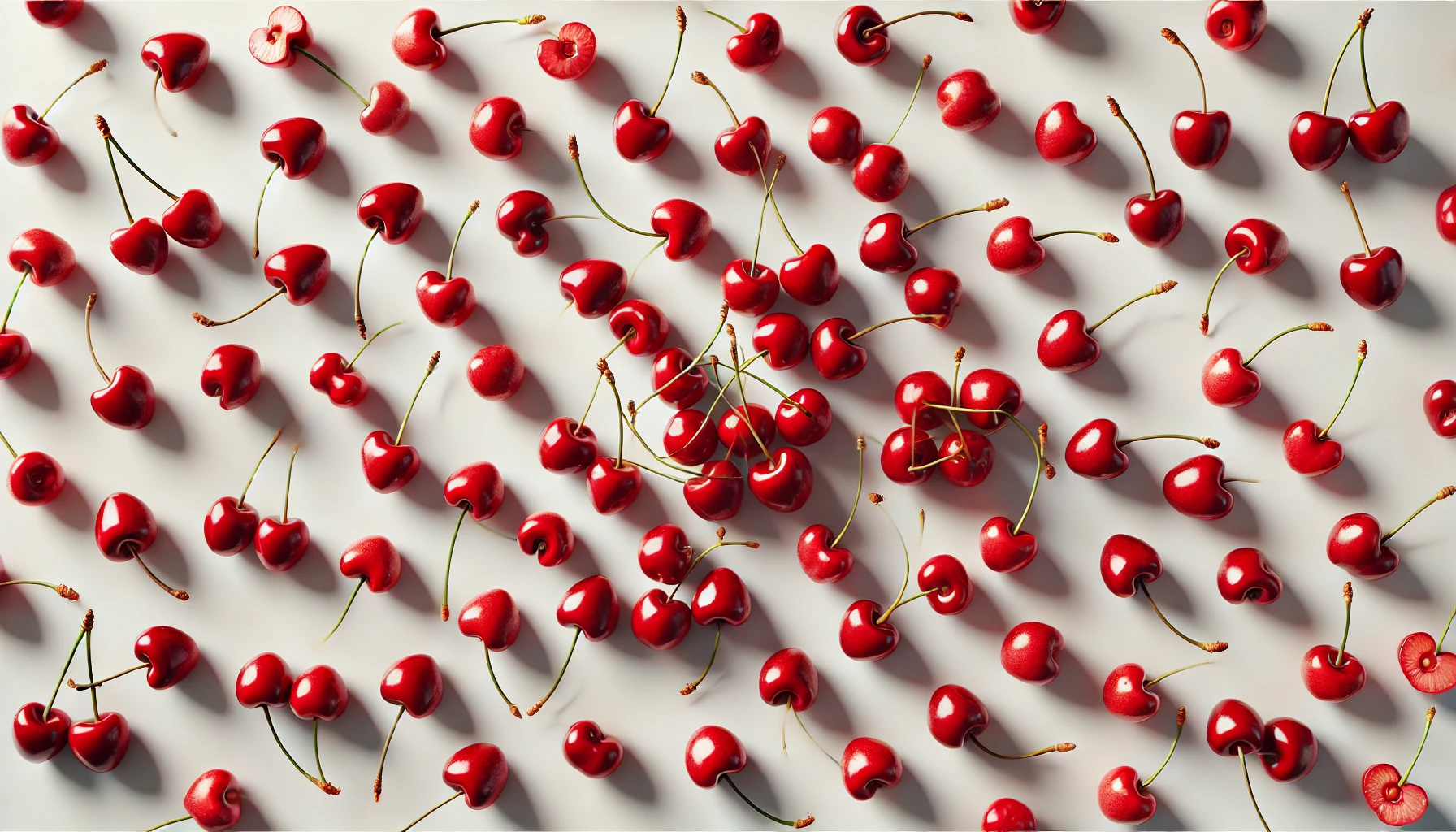 DALL·E 2024-08-28 13.14.49 - A collection of fresh red cherries with their stems, scattered naturally on a plain white surface. The cherries should look vibrant, shiny, and realis